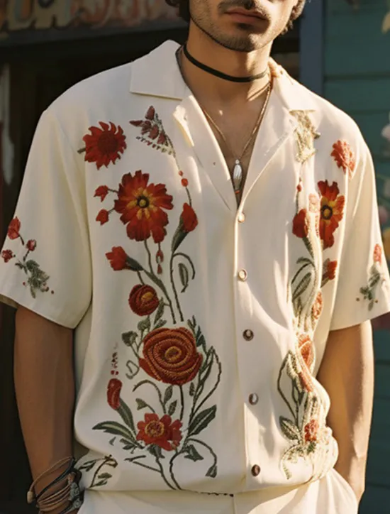 Sale OUKU Men's Floral Shirt Button Up Shirt Short Sleeve Sports Fashion Streetwear Outdoor Casual Holiday Summer Spring Cuban Collar Print White Yellow Wine Red