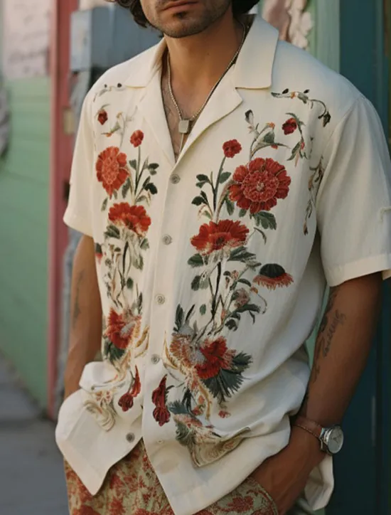 Sale OUKU Men's Floral Shirt Button Up Shirt Short Sleeve Sports Fashion Streetwear Outdoor Casual Holiday Summer Spring Cuban Collar Print White Yellow Wine Red
