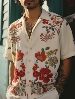 Sale OUKU Men's Floral Shirt Button Up Shirt Short Sleeve Sports Fashion Streetwear Outdoor Casual Holiday Summer Spring Cuban Collar Print White Yellow Wine Red