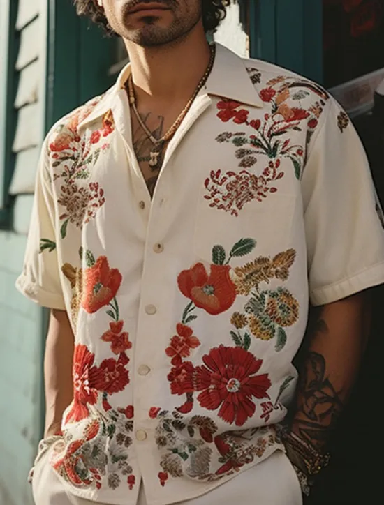 Sale OUKU Men's Floral Shirt Button Up Shirt Short Sleeve Sports Fashion Streetwear Outdoor Casual Holiday Summer Spring Cuban Collar Print White Yellow Wine Red