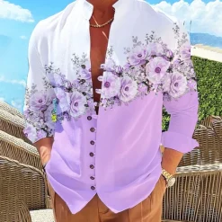 Online OUKU Men's Floral Shirt Button Up Shirt Long Sleeve Fashion Streetwear Designer Outdoor Casual Daily Summer Spring Fall Stand Collar Print Yellow Pink Purple Green Gray