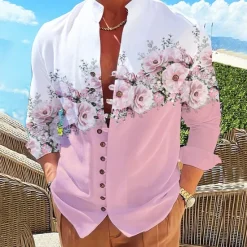 Online OUKU Men's Floral Shirt Button Up Shirt Long Sleeve Fashion Streetwear Designer Outdoor Casual Daily Summer Spring Fall Stand Collar Print Yellow Pink Purple Green Gray