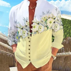 Online OUKU Men's Floral Shirt Button Up Shirt Long Sleeve Fashion Streetwear Designer Outdoor Casual Daily Summer Spring Fall Stand Collar Print Yellow Pink Purple Green Gray