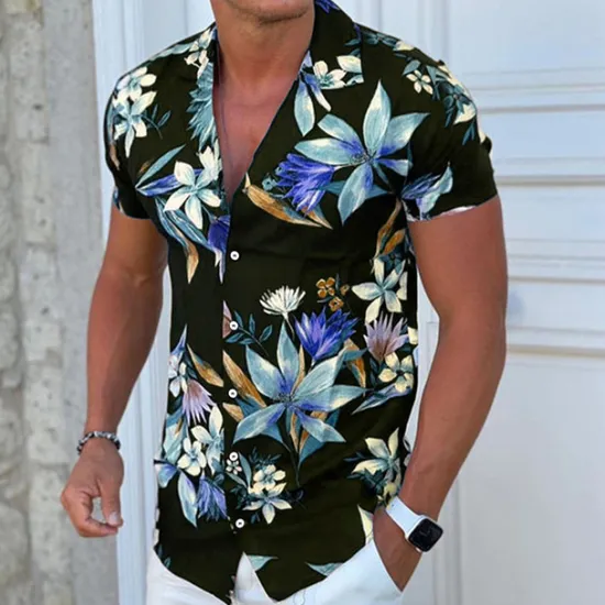 Discount OUKU Men's Floral Shirt Camp Collar Shirt Short Sleeve Fashion Designer Casual Outdoor Casual Daily Spring & Summer Turndown Button-Down Black White Yellow Blue Purple