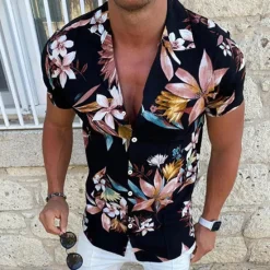 Discount OUKU Men's Floral Shirt Camp Collar Shirt Short Sleeve Fashion Designer Casual Outdoor Casual Daily Spring & Summer Turndown Button-Down Black White Yellow Blue Purple