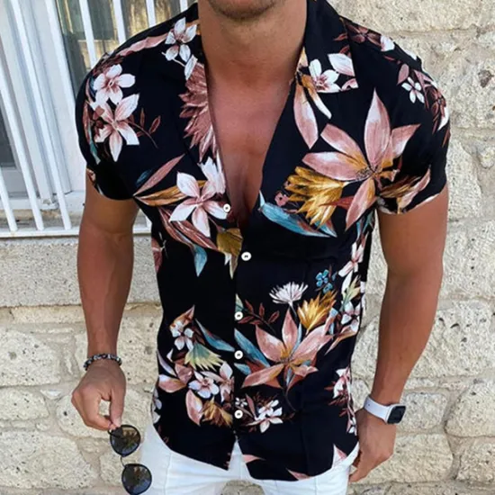 Discount OUKU Men's Floral Shirt Camp Collar Shirt Short Sleeve Fashion Designer Casual Outdoor Casual Daily Spring & Summer Turndown Button-Down Black White Yellow Blue Purple