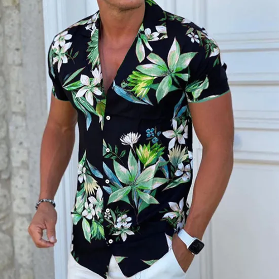 Discount OUKU Men's Floral Shirt Camp Collar Shirt Short Sleeve Fashion Designer Casual Outdoor Casual Daily Spring & Summer Turndown Button-Down Black White Yellow Blue Purple