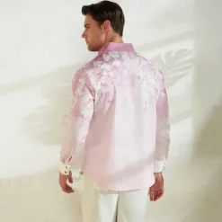 Clearance OUKU Men's Floral Shirt Linen Shirt Aloha Shirt Long Sleeve Casual Daily Wear Going out Weekend Spring Standing Collar Print Button-Down Blue Purple Green