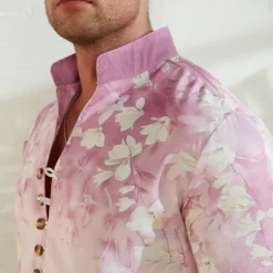 Clearance OUKU Men's Floral Shirt Linen Shirt Aloha Shirt Long Sleeve Casual Daily Wear Going out Weekend Spring Standing Collar Print Button-Down Blue Purple Green
