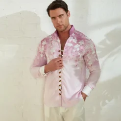 Clearance OUKU Men's Floral Shirt Linen Shirt Aloha Shirt Long Sleeve Casual Daily Wear Going out Weekend Spring Standing Collar Print Button-Down Blue Purple Green