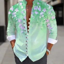 Clearance OUKU Men's Floral Shirt Linen Shirt Aloha Shirt Long Sleeve Casual Daily Wear Going out Weekend Spring Standing Collar Print Button-Down Blue Purple Green