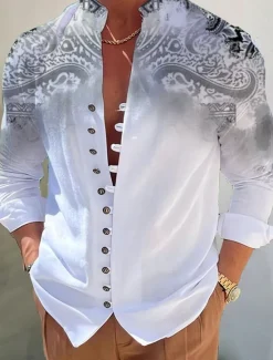 Best OUKU Men's Floral Shirt Linen Shirt Button Up Shirt Long Sleeve Fashion Streetwear Designer Outdoor Casual Daily Summer Spring Fall Stand Collar Print Yellow Blue Green Gray