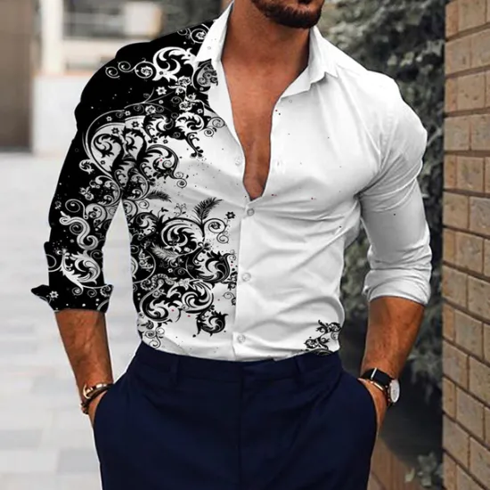 Hot OUKU Men's Floral Shirt Long Sleeve Fashion Designer Casual Daily Holiday Going out Spring & Summer Turndown 3D Print Button-Down Black Red Blue Brown Green