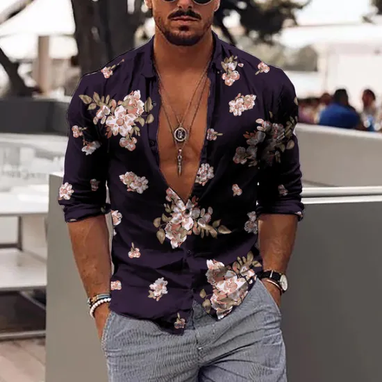 Best OUKU Men's Floral Shirt Long Sleeve Fashion Designer Casual Outdoor Daily Fall Winter Collar Print Button-Down Black Red Purple Green