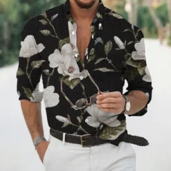 Discount OUKU Men's Floral Shirt Long Sleeve Sports Fashion Streetwear Outdoor Casual Daily Fall & Winter Turndown Print Button-Down Black White Pink Dark Green Beige