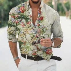 Discount OUKU Men's Floral Shirt Long Sleeve Sports Fashion Streetwear Outdoor Casual Daily Fall & Winter Turndown Print Button-Down Black White Pink Dark Green Beige