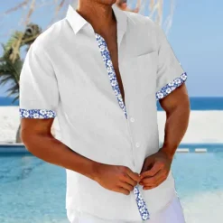 Discount OUKU Men's Floral Summer Hawaiian Shirt Aloha Shirt Short Sleeve Hawaiian Resort Vacation Casual Summer Spring Turndown Button Up White Yellow Pink Blue