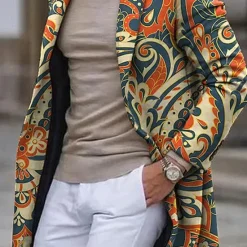 Outlet OUKU Men's Floral Totem Winter Coat Overcoat Coat Warm Breathable Comfortable Vintage Business Tribal Work Wear to work Going out Pocket Print Fall & Winter Turndown Long Sleeve Apricot
