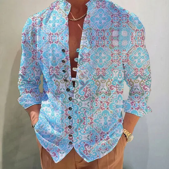 Hot OUKU Men's Floral Tribal Vintage Shirt Boho Shirt Button Up Shirt Long Sleeve Fashion Designer Casual Outdoor Vacation Casual Fall Autumn / Fall Spring & Summer Stand Collar Print Red Blue Purple Green