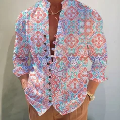 Hot OUKU Men's Floral Tribal Vintage Shirt Boho Shirt Button Up Shirt Long Sleeve Fashion Designer Casual Outdoor Vacation Casual Fall Autumn / Fall Spring & Summer Stand Collar Print Red Blue Purple Green