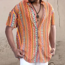 OUKU Men's Floral Tribal Vintage Shirt Boho Shirt Summer Hawaiian Shirt Short Sleeves Shirt Turndown Fashion Streetwear Designer Outdoor Street Casual Black Purple Orange S M L
