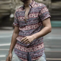 OUKU Men's Floral Tribal Vintage Shirt Boho Shirt Summer Hawaiian Shirt Short Sleeves Shirt Turndown Fashion Streetwear Designer Outdoor Street Casual Black Purple Orange S M L
