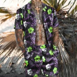 Clearance OUKU Men's Floral Tropical Flowers Tropical Plants 2pcs Shirts Sets Summer Hawaiian Shirt Short Sleeve Short Pants Turndown Fashion Hawaiian Designer Outdoor Vacation Casual 3D Print Button-Down Summer