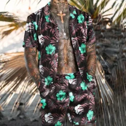 Clearance OUKU Men's Floral Tropical Flowers Tropical Plants 2pcs Shirts Sets Summer Hawaiian Shirt Short Sleeve Short Pants Turndown Fashion Hawaiian Designer Outdoor Vacation Casual 3D Print Button-Down Summer