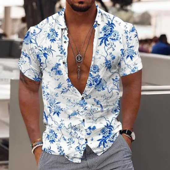 Online OUKU Men's Floral Tropical Flowers Shirt Summer Hawaiian Shirt Aloha Shirt Long Sleeve Shirt Turndown Fashion Streetwear Designer Outdoor Street Casual White Blue Light Blue S M L