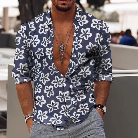 New OUKU Men's Floral Tropical Flowers Shirt Summer Hawaiian Shirt Aloha Shirt Long Sleeve Shirt Collar Fashion Designer Casual Outdoor Vacation Street S M L Blue