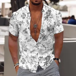 OUKU Men's Floral Tropical Flowers Leaves Shirt Summer Hawaiian Shirt Aloha Shirt Short Sleeves Shirt Turndown Fashion Designer Casual Outdoor Street Casual Yellow Light Green Blue 3D Print S M L