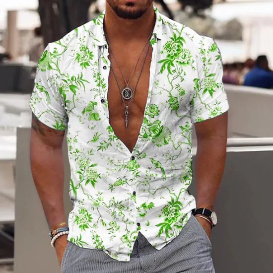 OUKU Men's Floral Tropical Flowers Leaves Shirt Summer Hawaiian Shirt Aloha Shirt Short Sleeves Shirt Turndown Fashion Designer Casual Outdoor Street Casual Yellow Light Green Blue 3D Print S M L