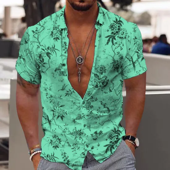 OUKU Men's Floral Tropical Flowers Leaves Shirt Summer Hawaiian Shirt Aloha Shirt Short Sleeves Shirt Turndown Fashion Designer Casual Outdoor Street Casual Yellow Light Green Blue 3D Print S M L