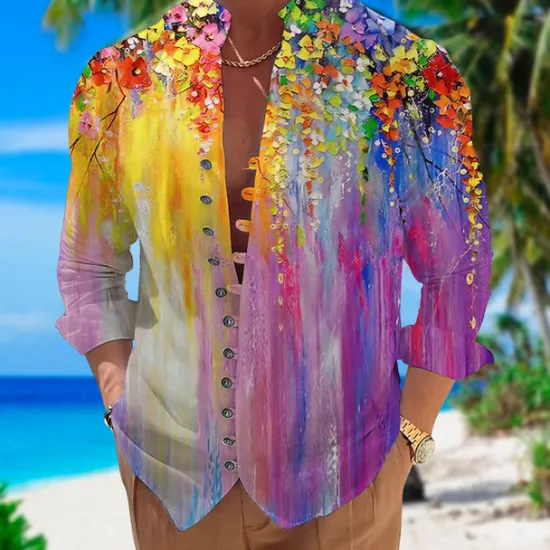 Best OUKU Men's Floral Tropical Flowers Shirt Summer Hawaiian Shirt Aloha Shirt Long Sleeve Shirt Stand Collar Fashion Streetwear Designer Outdoor Street Casual Yellow Pink Blue S M L