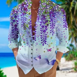 Best OUKU Men's Floral Tropical Flowers Shirt Summer Hawaiian Shirt Aloha Shirt Long Sleeve Shirt Stand Collar Fashion Streetwear Designer Outdoor Street Casual Yellow Pink Blue S M L