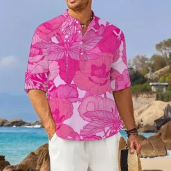 Discount OUKU Men's Floral Tropical Flowers Shirt Summer Hawaiian Shirt Aloha Shirt Long Sleeve Shirt Stand Collar Hawaiian Resort Vacation Daily Wear Going out Pink Blue Orange S M L