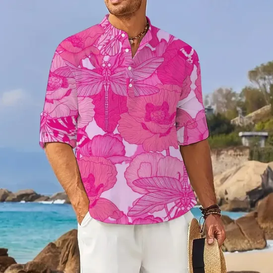 Discount OUKU Men's Floral Tropical Flowers Shirt Summer Hawaiian Shirt Aloha Shirt Long Sleeve Shirt Stand Collar Hawaiian Resort Vacation Daily Wear Going out Pink Blue Orange S M L