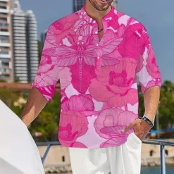 Discount OUKU Men's Floral Tropical Flowers Shirt Summer Hawaiian Shirt Aloha Shirt Long Sleeve Shirt Stand Collar Hawaiian Resort Vacation Daily Wear Going out Pink Blue Orange S M L