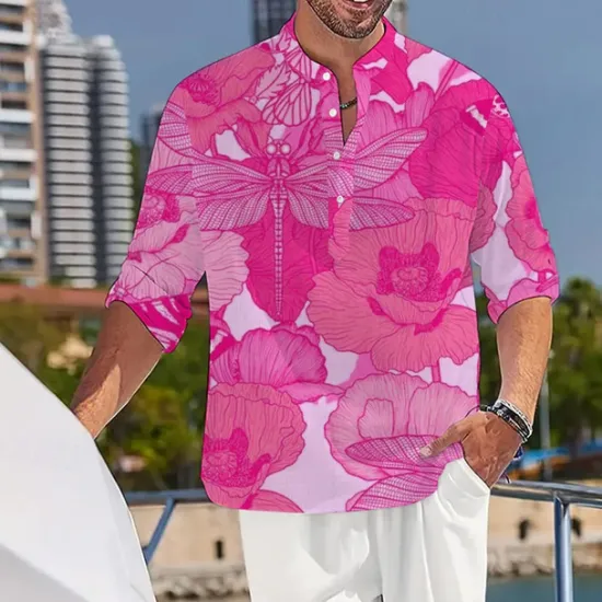 Discount OUKU Men's Floral Tropical Flowers Shirt Summer Hawaiian Shirt Aloha Shirt Long Sleeve Shirt Stand Collar Hawaiian Resort Vacation Daily Wear Going out Pink Blue Orange S M L