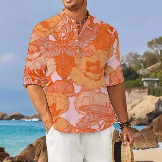 Discount OUKU Men's Floral Tropical Flowers Shirt Summer Hawaiian Shirt Aloha Shirt Long Sleeve Shirt Stand Collar Hawaiian Resort Vacation Daily Wear Going out Pink Blue Orange S M L