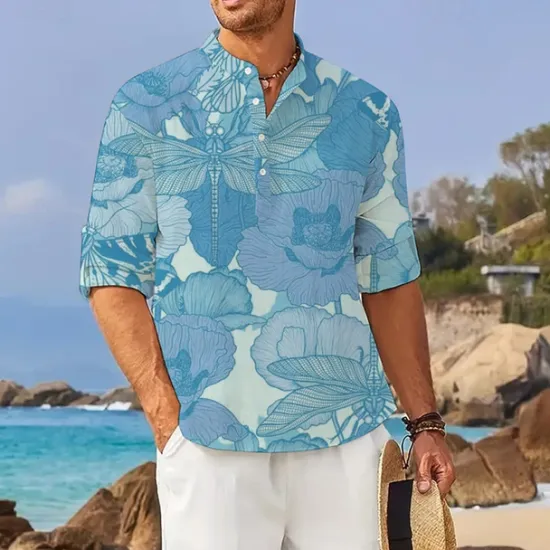 Discount OUKU Men's Floral Tropical Flowers Shirt Summer Hawaiian Shirt Aloha Shirt Long Sleeve Shirt Stand Collar Hawaiian Resort Vacation Daily Wear Going out Pink Blue Orange S M L