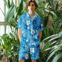 Clearance OUKU Men's Floral Tropical Flowers Summer Hawaiian Shirt Aloha Shirt Short Sleeves Shirt Turndown Hawaiian Casual Resort Outdoor Vacation Street Blue Green S M L