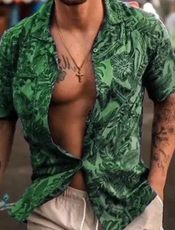 Online OUKU Men's Floral Tropical Plants Shirt Summer Shirt Casual Shirt Short Sleeve Shirt Camp Collar Fashion Casual Comfortable Vacation Street Daily Blue Green Dark Grey S M L