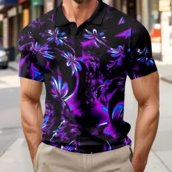 Clearance OUKU Men's Floral Waffle Polo Shirts Short Sleeve Polo Shirts Collared Shirts Business Casual Outdoor Business Athleisure Buttons 3D Print Summer Blue Purple Green