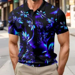 Clearance OUKU Men's Floral Waffle Polo Shirts Short Sleeve Polo Shirts Collared Shirts Business Casual Outdoor Business Athleisure Buttons 3D Print Summer Blue Purple Green