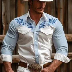 Best OUKU Men's Floral Western Shirt Cowboy Shirt Long Sleeve Vintage Western Style Daily Wear Going out Weekend Spring & Summer Turndown Pocket Print Button-Down Pink Blue Khaki Beige Gray