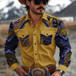 OUKU Men's Floral Western Shirt Cowboy Shirt Long Sleeve Western Sport Spring Fall Turndown Patchwork Yellow Red Brown Green Gray