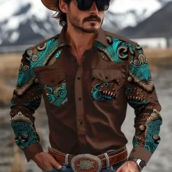 OUKU Men's Floral Western Shirt Cowboy Shirt Long Sleeve Western Sport Spring Fall Turndown Patchwork Yellow Red Brown Green Gray