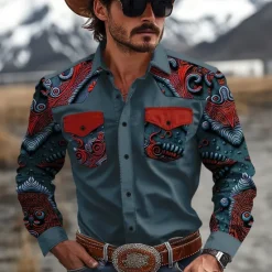 OUKU Men's Floral Western Shirt Cowboy Shirt Long Sleeve Western Sport Spring Fall Turndown Patchwork Yellow Red Brown Green Gray