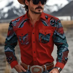 OUKU Men's Floral Western Shirt Cowboy Shirt Long Sleeve Western Sport Spring Fall Turndown Patchwork Yellow Red Brown Green Gray